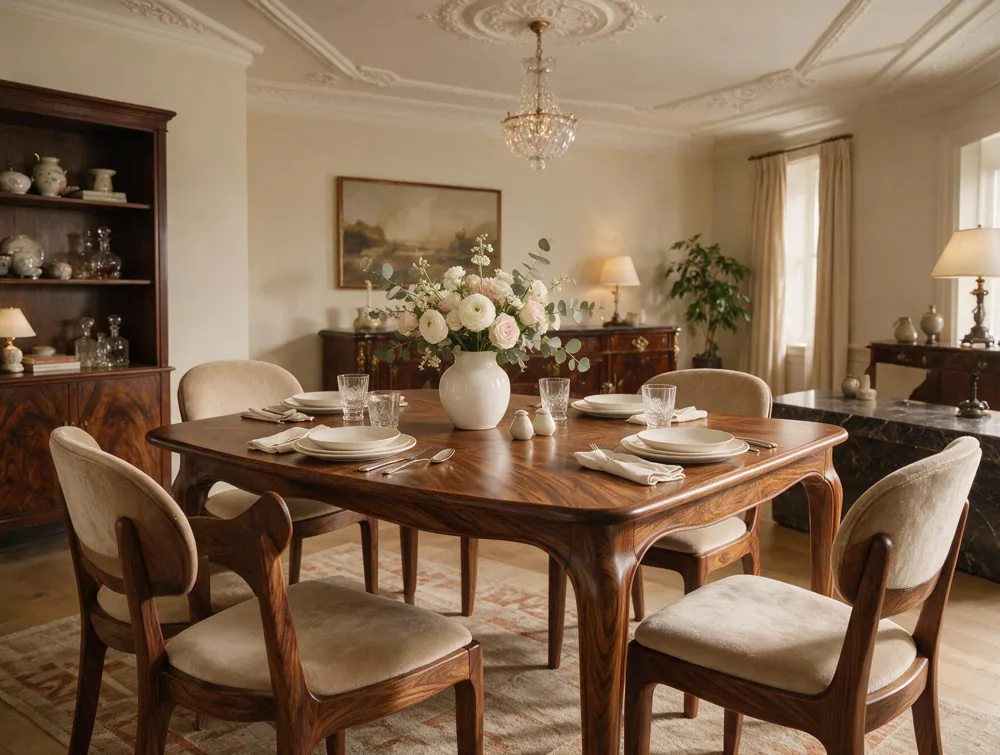 Comedor en madera con sillas tapizadas fabricado por Mobiliario Cronos