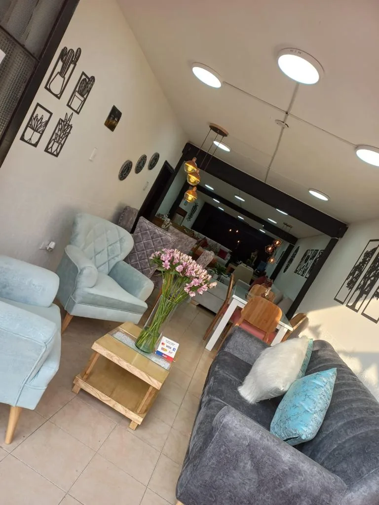 Sala con poltronas celeste y sofá gris en Mobiliario Cronos